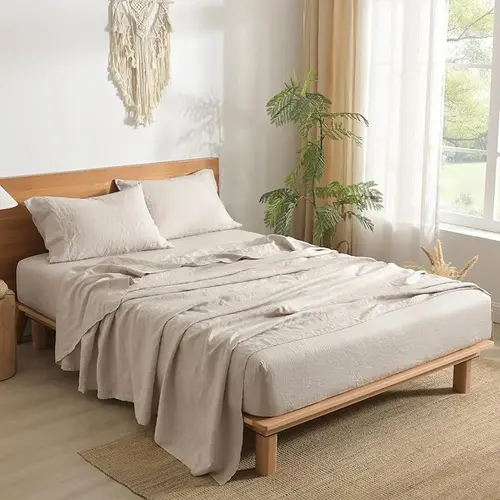 Natural Linen King Size 4-Piece Bedding Set - 16 in Deep Pocket Sheets, Flat Sheet, All Seasons, Washes Softer, Soft, Breathable, Durable, Cooling, Skin-Friendly, Warm, Fade-Resistant, Wrinkle-Resistant, Machine Washable, Airy Linens