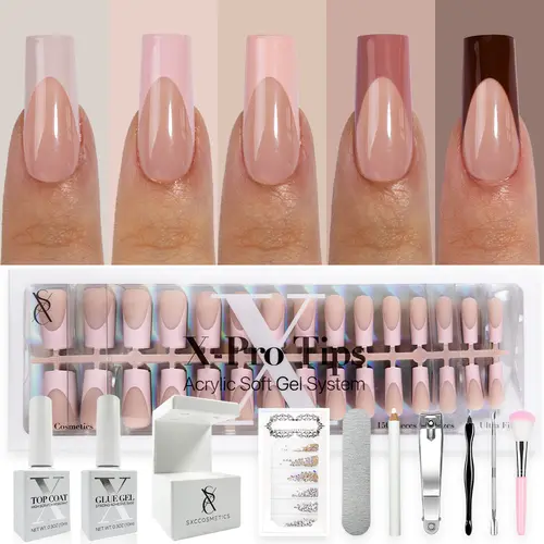 SXC Cosmetics X-Pro Tips French Tip Press On Nails, Skin Tone Series Starter Kit  for DIY Nail Art Nail Polish Polish Gel Extension Nailcare