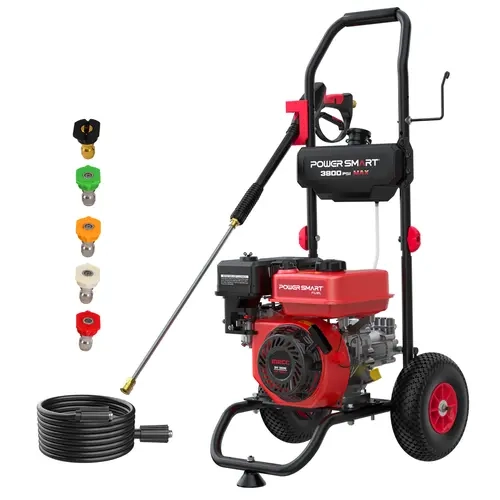 PowerSmart Portable Pressure Washer (DL1038A) - 3800 PSI Clean, 2.5 GPM Max, 212CC OHV Power, Metal Frame, 10in Wheels, 27ft Hose, Onboard Soap Tank, Metal Spray Wand, 5 Nozzles, Pressure Washer Accessories Set, Built for Cars, Houses, and Driveways