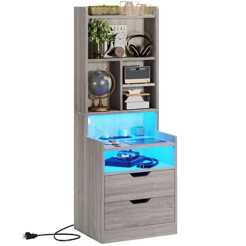 SIKAIC Modern Rectangular Furniture Nightstand - 13.8" x 17.7" Top, LED Lighting, Charging Station, Storage Drawer, 33.1 lbs Bedroom Side Table for Cupboards & Cabinets