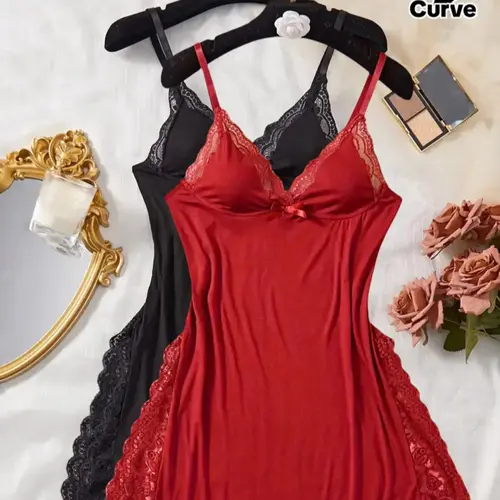Plus Size Contrast Lace Split Thigh Cami Nightdress, Casual Soft Comfortable Modal Sleeveless Spaghetti Strap Nightgown for Women, Women's Sleepwear & Loungewear for All Seasons
