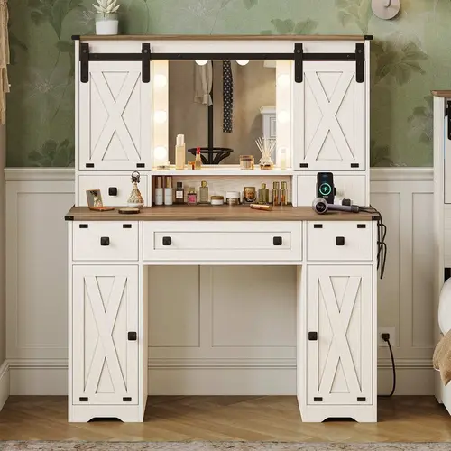 Sikaic Farmhouse Vanity Desk with Mirror and Lights, White Makeup Dressing Table with Charging Station, Rustic Vanity Mirror with Sliding Barn Door, Vanity Table with 3 Lighting Modes Adjustable, Home Furniture, Dorm Essentials [tiktokshopbacktoschool]