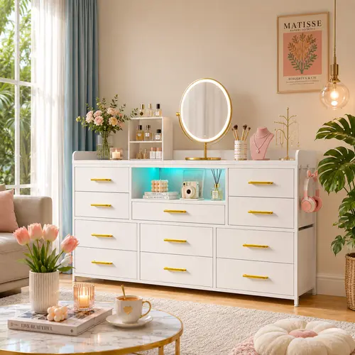 Raybee 11 Drawers Dresser for Bedroom 31'' Height,Sturdy TV Stand with LED & power outlets & 4 hooks Drawerorganizer,Chest of Drawers,Storage Bin Cabinet Furniture