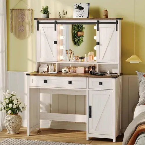 Sikaic Farmhouse Makeup Vanity with Lights and Barn Doors, Vanity Desk with Mirror and Charging Station, Vanity Table with Jewelry Hooks and Open Storage Shelves, Home Furniture Christmas Gifts [SohoChic]