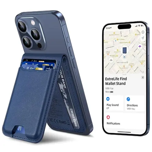 Magnetic Wireless Phone Wallet for iPhone 17, [with iPhone Find My] (iOS Only), Strong Magnetic Vegan Leather Case with Adjustable Stand & Tracker, 6-Card Holder, Blue Mobile Phone Accessories