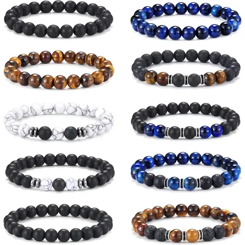 10-Count 8MM Natural Stone Bead Bracelet Set, Stretch Adjustable Tiger Eye, Blue Onyx & Howlite Beaded Bracelets for Men, High-Quality Classic Design, Perfect Outfit Accessory & Gift, Blue Onyx Bracelet, Howlite Bracelet