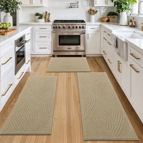 [Back to School] HEBE 3-Piece Soft Kitchen Rugs Set, Non-Slip Polypropylene Low Pile, Absorbent Dustproof Wavy Stripes Washable Rugs for Entryway, Front of Sink