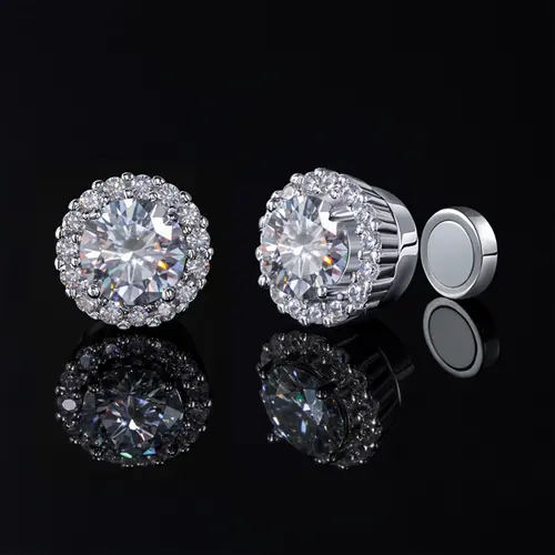 HELLOICE Non Pierced Moissanite Halo Round Earrings Synthetic Moissanite Stud Earrings Unisex Earring Ideal Gift for Friends and Family