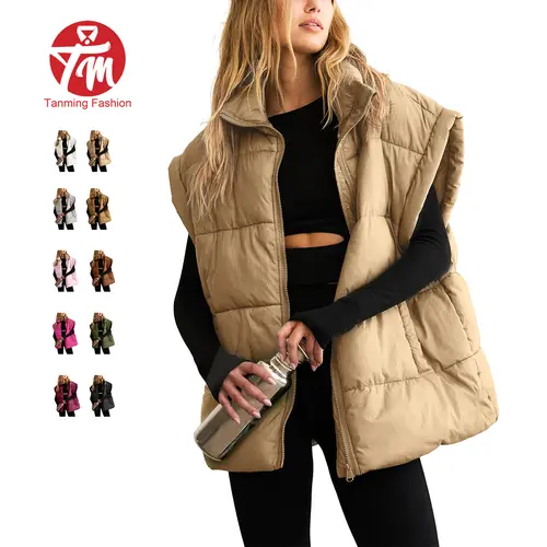 Tanming Women's Oversized Puffer Vest, Quilted Sleeveless Jacket with Full Zip, Stand Collar & Hand Pockets, Casual Fall Winter Layering Vest