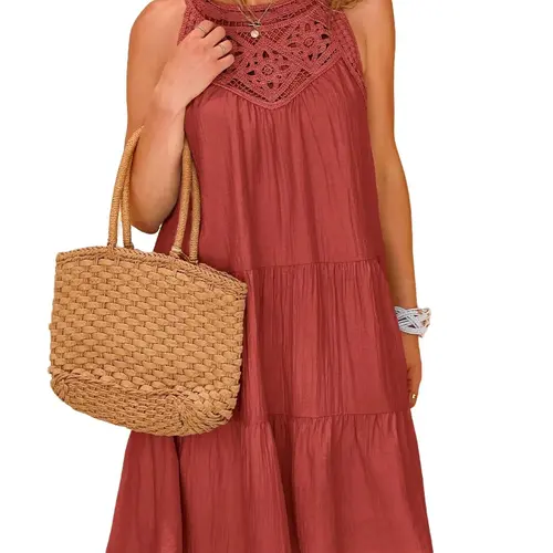 BTFBM Women's Hollow Out Halter A-Line Swing Mini Dress for Summer Beach Vacation Womenswear