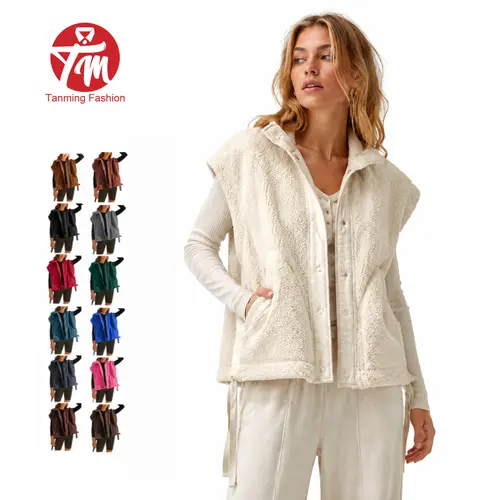 Tanming Women's Basic Fleece Vest Casual Sleeveless Button Down Sherpa Jacket Outerwear with Pockets,back to school,back to school shopping Casual Comfy Vests Sleeveless Sweater Vest