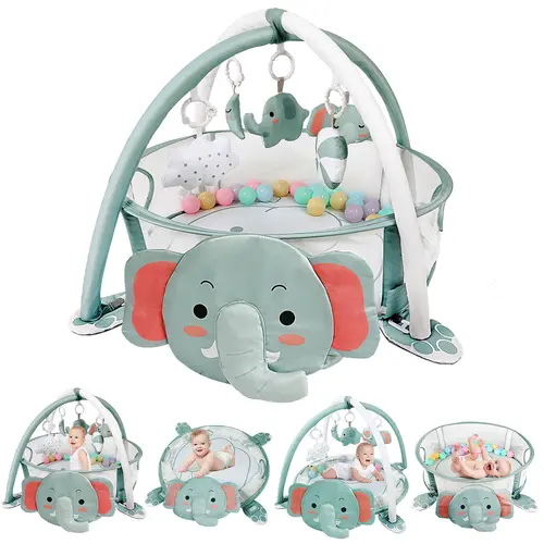 dearlomum Elephant 4-in-1 Unisex Activity Gym & Tummy Time Floor Center with Play Mat for Babies, Ball Pit, 30 Balls, 5 Sensory Touch Toys, Animals Themed, Newborn Baby Stuff