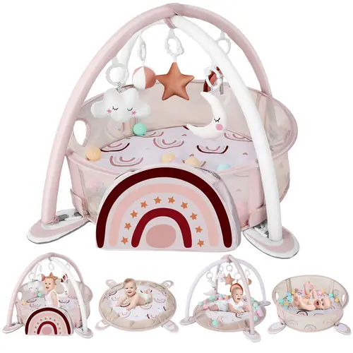 Dearlomum Unisex 4-in-1 Rainbow Baby Play Mat & Gym - Polyester Fibre Floor Activity Center, Tummy Time Ready Sensory Playset (70*50*50cm) with 30 Balls, 5 Sensory Toy Attachments, Baby Items for Newborn Toddlers, Playpen Gift