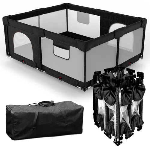 Foldable Baby Playpen,Collapsible Playpen for Babies and Toddlers, Extra Large Foldable Playpen for Baby with gate, Baby Activity Center with Fence, Travel Play Pen (Black/Grey 59"×71")