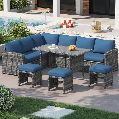 【2/3 packages】[without cover] YODOLLA Furniture Set, 7 Pieces Outdoor Sectional Sofa Conversation Set All Weather Wicker Rattan Couch Dining Table & Chair with Ottoman