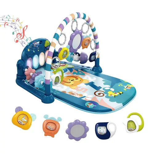 Dearlomum Baby Play Gym with Piano Design - Electronic Interactive Nursery Development Mat, 5 Sensory Toys, Music, Lights, Unisex Blue Floor Play Mat for Newborn Tummy Time Gift
