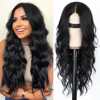 AISI Women's Synthetic Lace Front Wig - 26-Inch Long Wavy, Heat Resistant Middle Part Black Wig for Wedding, Travel, Work, Dating Use