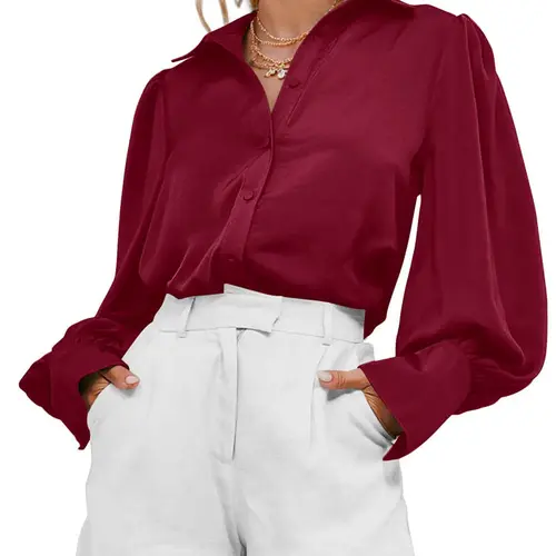 BTFBM Women's Satin Button Down Longsleeves Blouse - Loose Casual Office Work Top