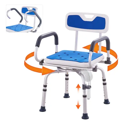 【toolupgrade】VEVOR Plastic Non-Slip Swivel Shower Chair, 360° Rotating Bathtub Stool with Pivoting Arms, Padded Seat & Back, Height-Adjustable for Elderly, Handicapped, Pregnant Women, 500LBS Max Capacity