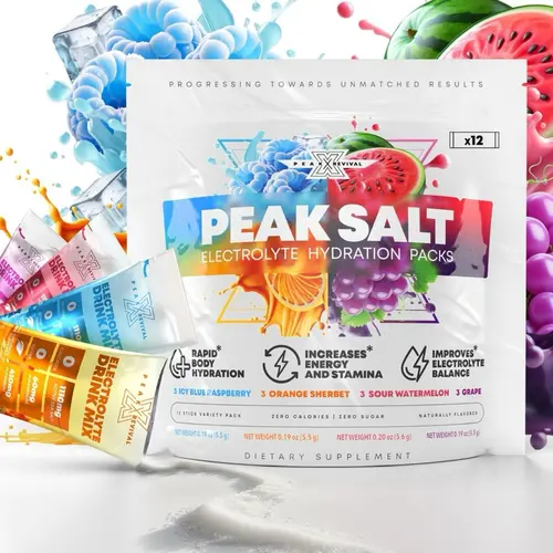 Peak Revival-X Peak Salt Electrolyte Hydration Beverage Variety Bag - Electrolyte Powder Drink Packets, Edible Dietary Fitness Supplements, Sugar-Free Hands-Free Recovery & Hydration Drinks for All Ages (12 Mix Packets)