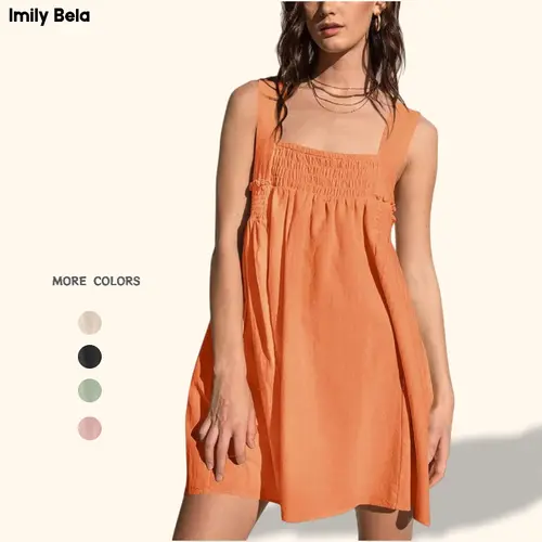 Imily Bela Women 's Summer Casual Sleeveless Mini Dress Square Neck Smocked Swing Loose Babydoll Dress