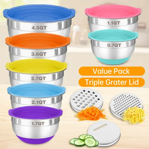 7 Piece Stainless Steel Mixing Bowls Set with Colorful Airtight Lids for Kitchen Tableware  Nesting Salad Bowls Set