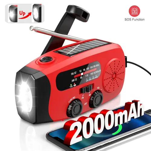 2000mAh Rechargeable Battery-Powered Solar Hand Crank Emergency Radio, 5.1*2.1*2.4 Inches, AM/FM/NOAA Radio Station Access, 3 LED Flashlight, SOS Alarm, Portable for Hurricane & Winter Storm Preparedness, Hurricane Preparedness