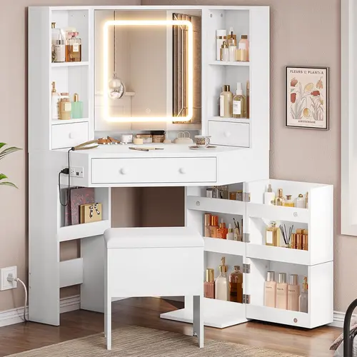 Sikaic Corner Vanity Desk with Lights and Charging Station, Makeup Vanity Set with LED Mirror, Storage Stool, Drawers & Rotating Shelves, Modern Corner Makeup Table for Bedroom, Home Furniture Christmas Gifts [SohoChic]