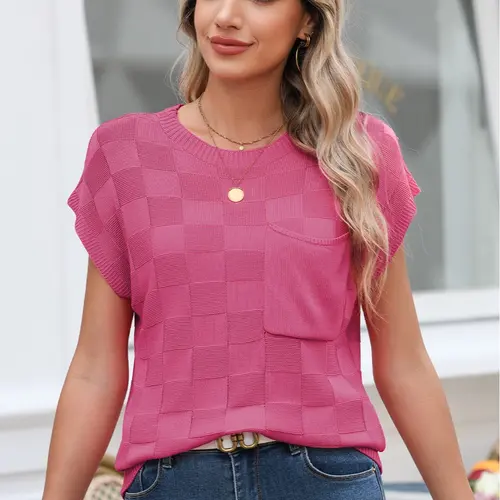 Shewin Women's Knitwear Top - Breathable Knit, Round Neck, Drop Shoulder Batwing Short Sleeves, Chest Pocket, Medium Length Loose-Fitting, Casual Solid Plaid for Summer Daily Wear