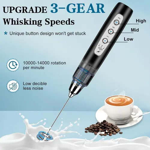 ODIFORGO Handheld Milk Frother for Coffee, 3-Speed Electric Stainless Steel Whisk Mixer with 3 Whisks, 1200mAh Rechargeable Compact Wand, 15-20s Smooth Milk Foam Maker for Latte/Cappuccino, Handheld Beverage Mixer, Portable Kitchen Mixer