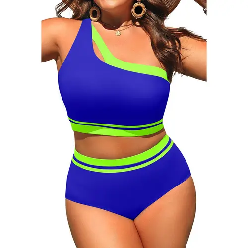 Aqua Eve Women Plus Size High Waisted Bikini One Shoulder Two Piece Swimsuit Color Block Bathing Suits