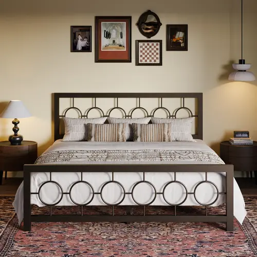 SHA CERLIN Twin/Full/Queen/King Size Metal Bed Frame with Vintage Circular Design Headboard and Footboard【Frame Only No Mattress】No Box Spring Required,Noise-Free,Black/Brown Summervibes Father's day Gift, Queen Size Bed Frame, Circle Bed