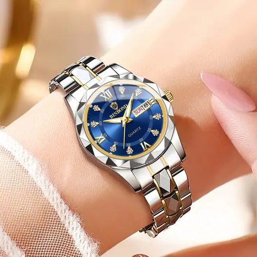 Women's Fashion Round Dial Stainless Steel Strap Quartz Watch, Rhinestone Decorated Watch, Rhinestone Embellished Watch, 30m Waterproof Watch with Calendar Function, Trendy All-match & Exquisite Watch for Birthday Gift with Box