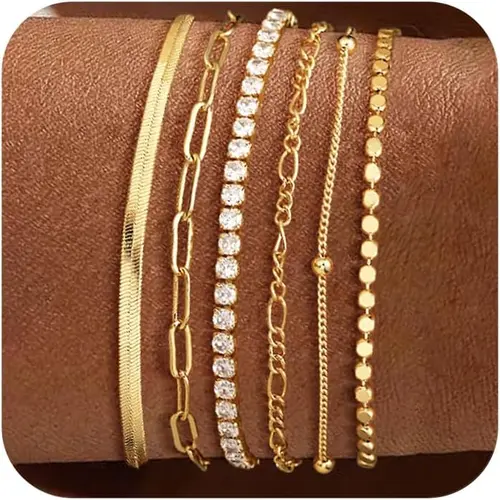 TEWIKY Waterproof Bracelets Set For Women Trendy Dainty Jewelry Fashion Stackable Tennis Beaded Figaro Herringbone Paperclip Link Bracelet Pack Stack For Valentineday