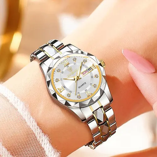 Women's Rhinestone Decorated Round Dial Analog Quartz Watch, Rhinestone Embellished Watch, Rhinestone Watches, Stainless Steel Strap Watch for Women, Calendar Function 30m Waterproof Watch for Birthday Gift with Box