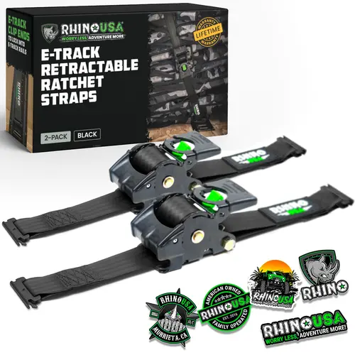 Rhino USA 2”x10’ Retractable E-Track Ratchet Straps: 3033lb Max Break Strength Compatible with E Track Rail Systems only