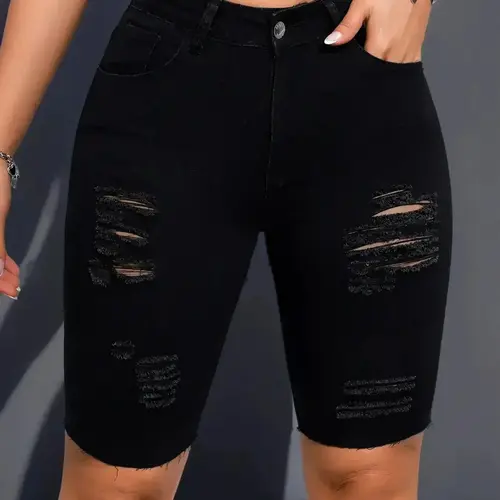 Women's Ripped Button Pocket Distressed Denim Shorts, Fashion Basic Casual Stretchy Short Jeans for Daily Outdoor Wear, Ladies Skinny Bottoms for Summer, Casual Jorts Shorts, Womenswear, Casual Relaxed Shorts, Casual Fashionable Shorts