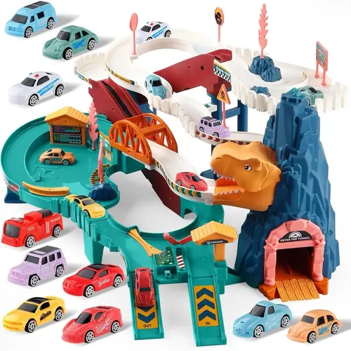 Dinosaur Race Track Playset for Kids, Large Electric Car Ramp Toy with Music, 10 Toy Cars, Parking Garage, Play Mat and Road Sign Accessories, Dinosaur Car Toys for Boys and Girls Ages 3+