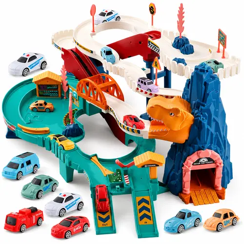 NETNEW King Size Dino Hill Race Track Set, Eco-Friendly Kids Toys Transportation Playset with Electric Ramp, Dinosaur Tunnel, Parking Garage, Bridge, Road Signs, Mini Vehicles, Remote Control Car & Digger, Family Entertainment Building Toy