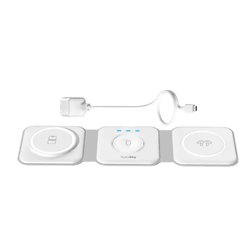 AutoSky 3-in-1 Portable Wireless Charging Station with 30W Fast Charge Adapter, Electronic Charger Pad for Smartphone, Mobile & Android Devices, Foldable Travel Charger Compatible with iPhone 15/14/13/12, AirPods 3/2, iWatch