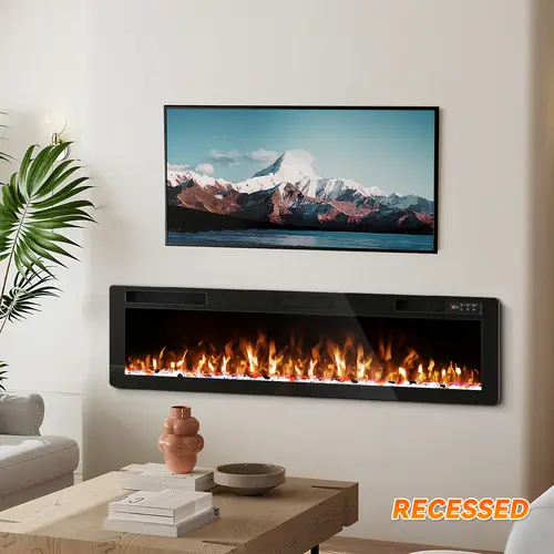 PUKAMI Electric LED Fireplace - In-Wall Recessed Silent Indoor Heater with 3.85" Thin Profile, Tempered Glass Entertainment Center, Multicolor LED Light, 750W/1500W Adjustable Heating, Automatic Thermal Safety, Timer, Touch Screen & Remote for Living Room