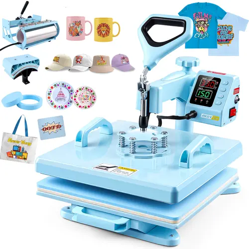 AKEYDIY 5-in-1 Blue Slide-out Heat Press, 15"x15" 360° Swing Away Professional Sublimation Machine for T-shirt Printing, Mug Transfer, Perfect for T-shirts, Mugs, Baseball Caps, Plates, Mousepads, mothersdaygift