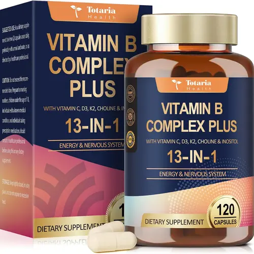 Totaria 13-in-1 Vitamin B Complex Plus with Vitamin B1, B2, B3 (Niacinamide), B4, B5, B6, B7 (Biotin), B8 (Inositol), B9 (Folate), B12, C, D3, K2 - Energy, Nerve, Immune, Skin Support - 120 Vegan Capsules Healthcare Supplement Dietary Edible