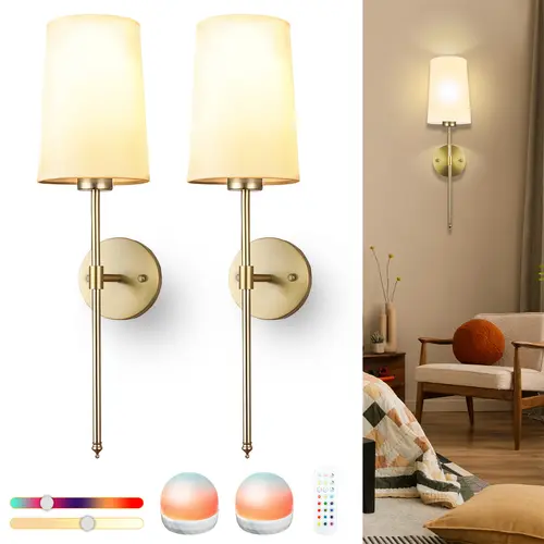 LIKERTLA Battery-Operated Wall Sconce Set of 2 with Remote Control, White Fabric Shade Dimmable 15 RGB Rechargeable LED Wall Lights, Indoor Lighting for Bedroom, Entryway, Aesthetic Room & House Decor, Room Decor, Lights For Bedroom, Modern