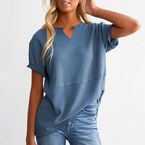 Shewin Women's Plus Size V-Neck Short Sleeve Knit Top - Solid Color Style Fashion Apparel, Oversized Tshirt for Casual Beach Use, Essential Tops & Shirts for Intimates