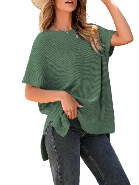 Shewin Women's Oversized Solid Knit Top, Casual Cotton Pullover Sweater with Puff Short Sleeves, Round Neck and Side Slit