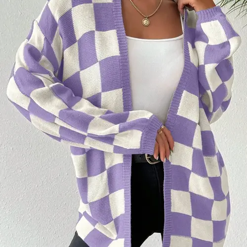 Women's Checkerboard Print Plaid Drop Shoulder Knitted Cardigan, Casual Fit Long Sleeve Open Front Knitwear for Fall & Winter, Women's Knit Clothing for Daily Wear, Knit Sweater, Casual Fashion Knitwear, Womenswear
