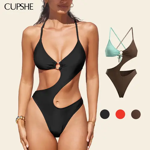 CUPSHE O-Ring Cutout Monokini One-Piece Swimsuit Bikinisuit- Deep V-Neck & Waist-Defining Cross Tie Back swimwear | 2026 Glam Pool Party Must-Have Bathing suit #summerfinds
