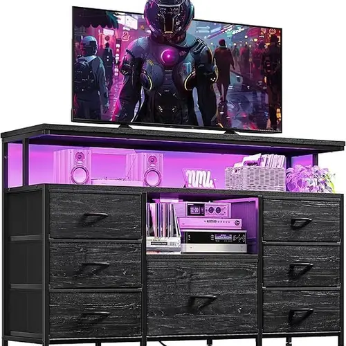 【Summerwins】Raybee Furniture 7 Fabric Drawers Dresser TV Stand,   with LED Lights & power outlets for 55" TV, for Bedroom Entertainment Center,  for Living Room tv stand