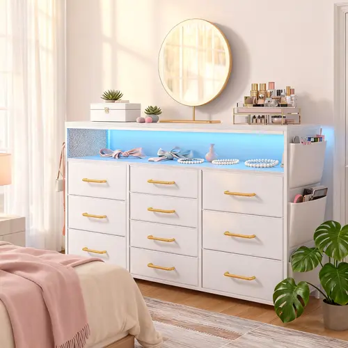 【Back to School】Raybee Furniture 10 Drawers Dresser TV Stand, LED Lights & AC Outlets for Bedroom with Shelves & Side Pockets Sturdy Metal Frame & Wood Top Shelf, Perfect for Dorm or Apratment, Storage Cabinet in Bedroom for Renters, Easy Assembly